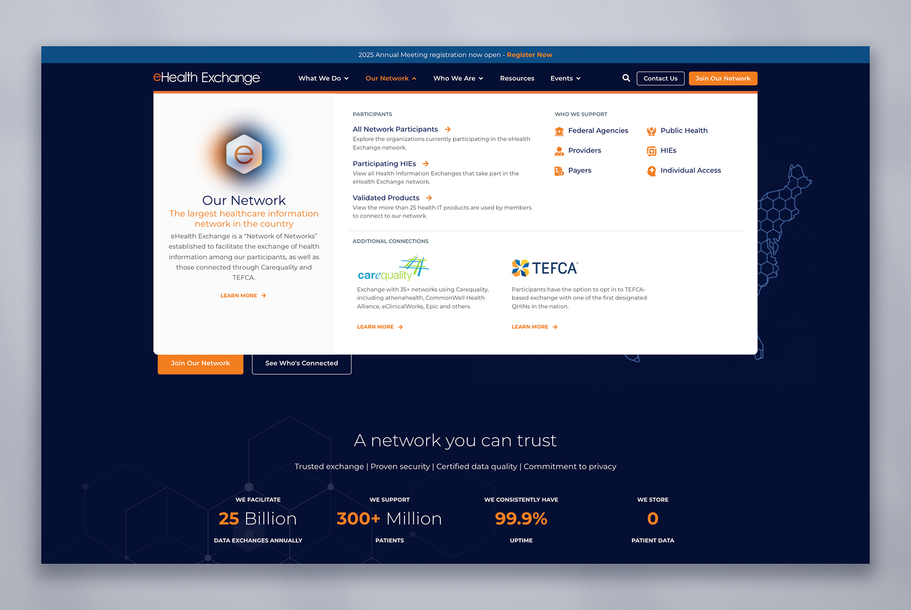 Screenshot of a the dropdown view of "Our Network" menu item on the eHealth Exchange website